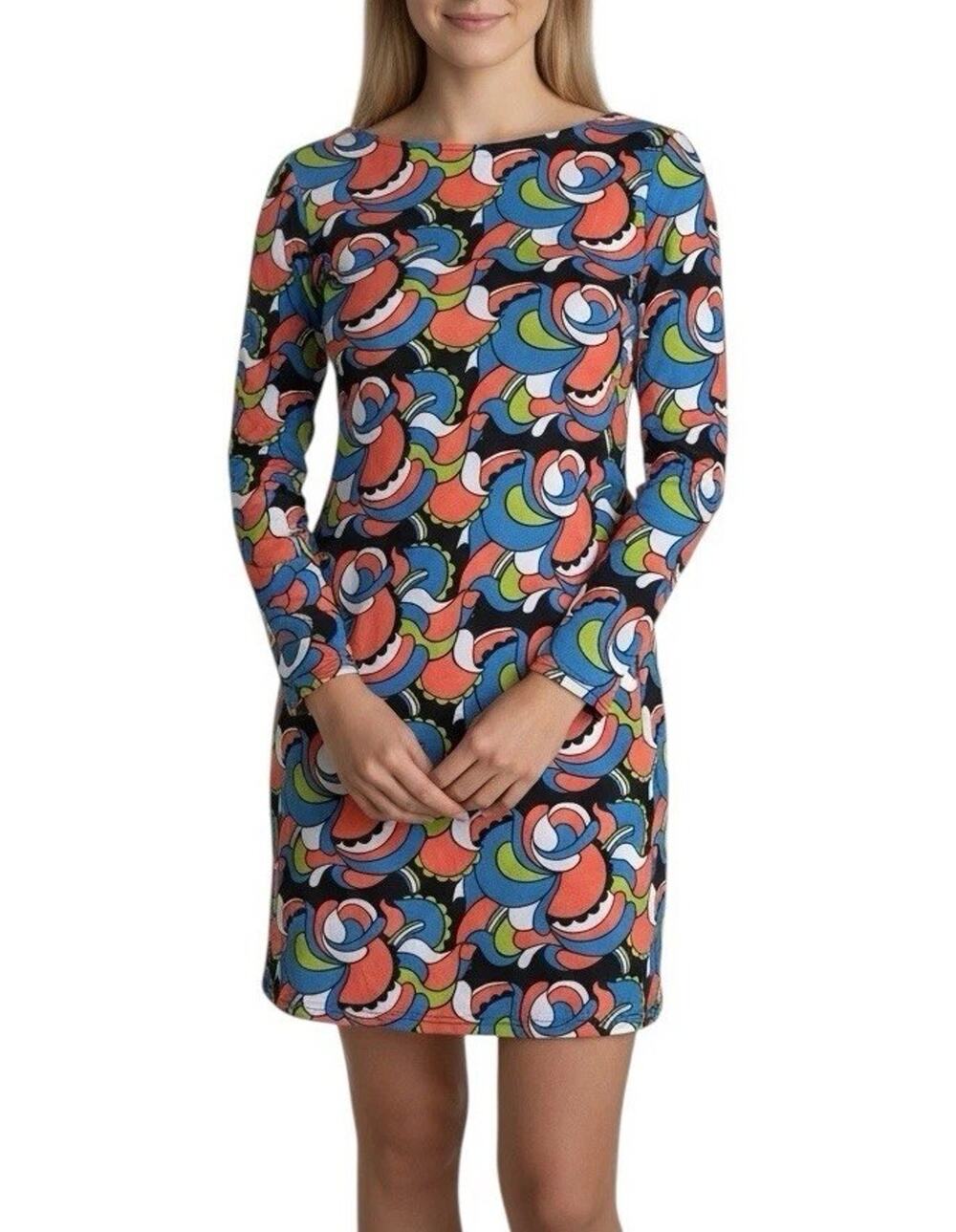 Nooworks Abstract Mod Print Shift Dress Long Sleeve Retro Art Pop Size XS